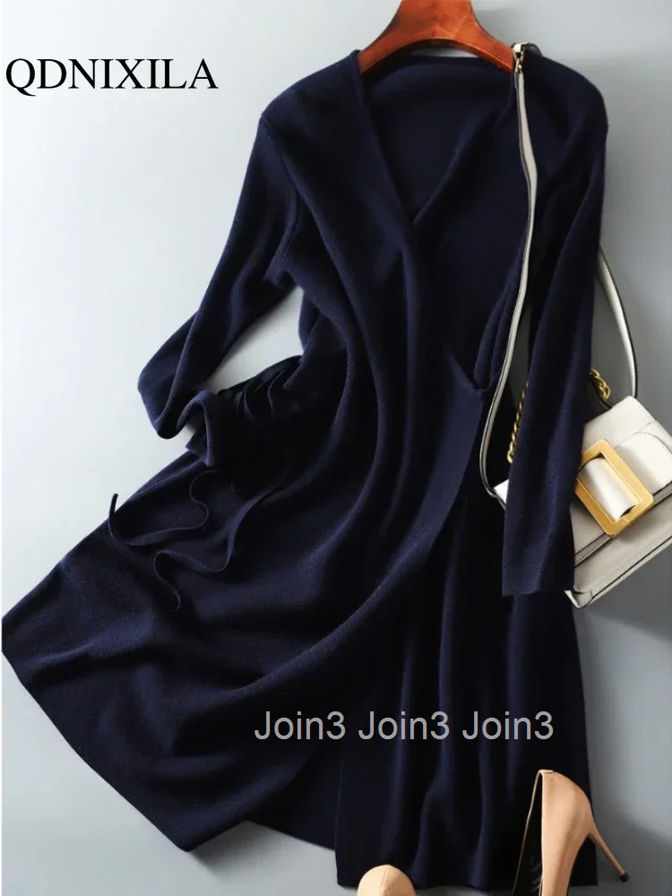 Autumn Winter Sweater Womens Dresses V-neck Wrap Up Dress for Women Woman Clothing Korean Version Loose Elegant Knitted Skirt