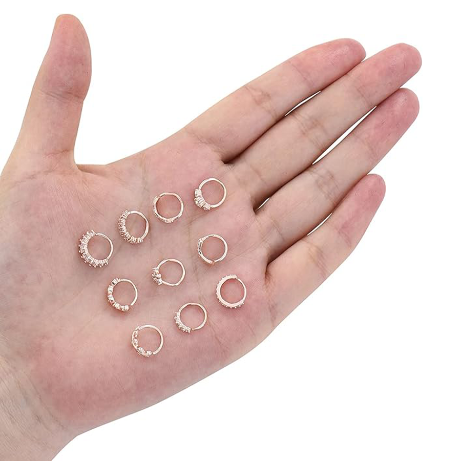 10Pcs Nose Ring Hoop Paved Flower Leaf Feather CZ Cartilage Earrings Nose Piercing Jewelry for Women Men Rose Gold Tone 20G