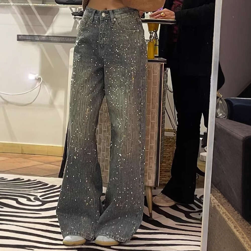 American Heavy Industry Full Rhinestone Patchwork Jeans for Women Y2K High Street Design Sense Niche Straight-Leg Floor-Length Pants