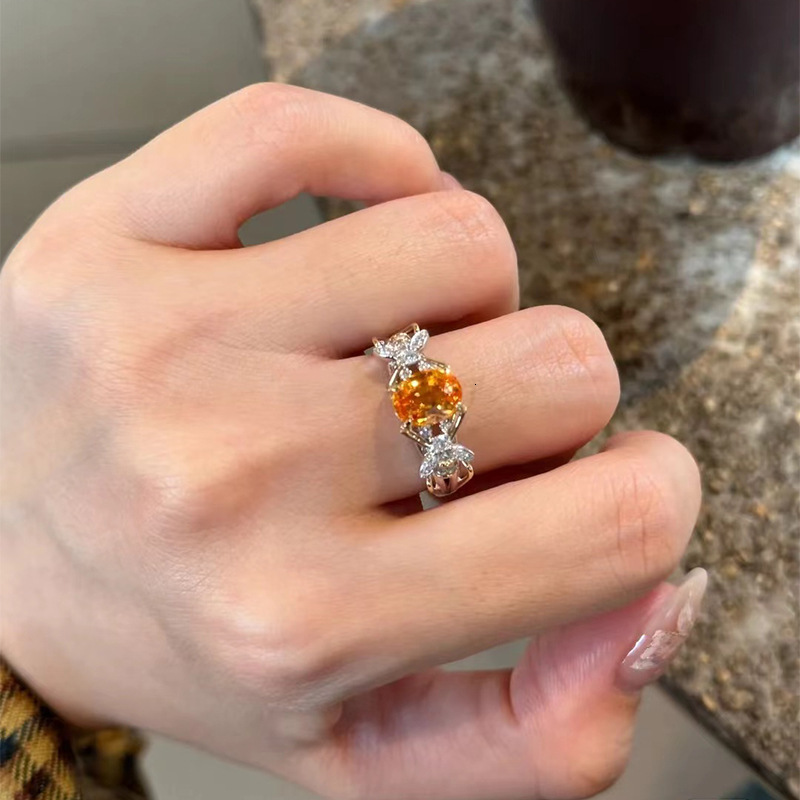 Hui Zhi Wing Jewelry Live Model S Silver Plated with Gold 7*9mm Oval Sunset Orange Ring Fashionable OL Style