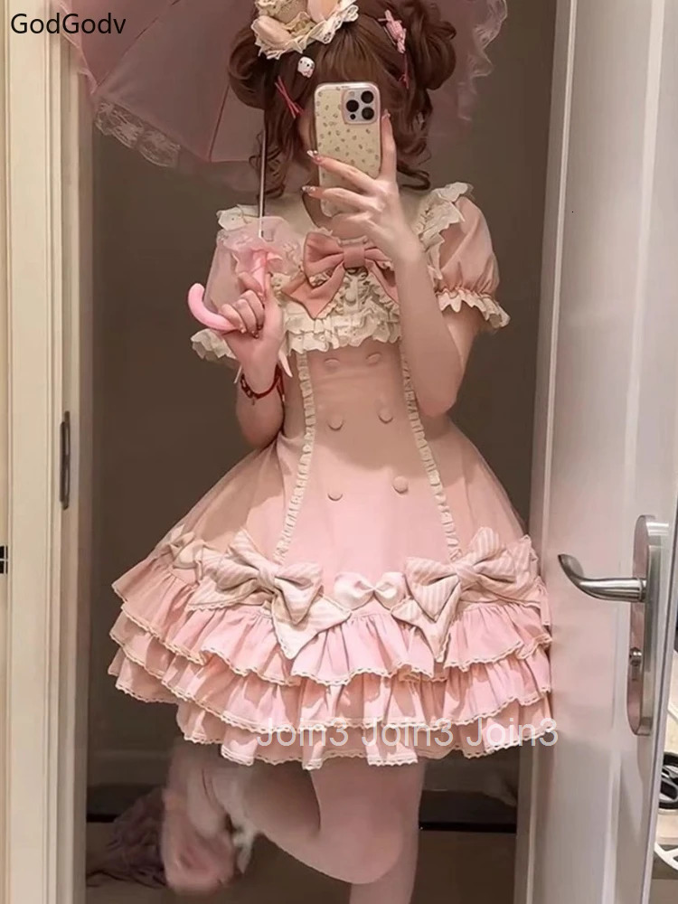 Japanese Sweet Lolita Kawaii Elegant Dress Women Princess Y2k Bow Fake Two Piece Dresses Female Korea Style Design Chic Outfits