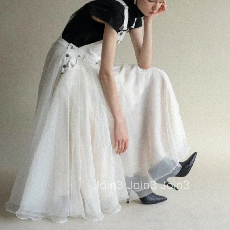 Fashion Casual Mesh Denim Patchwork Suspender Dress Solid All-match Elegant Big Swing Robe Summer New Midi Vestidos Mujer