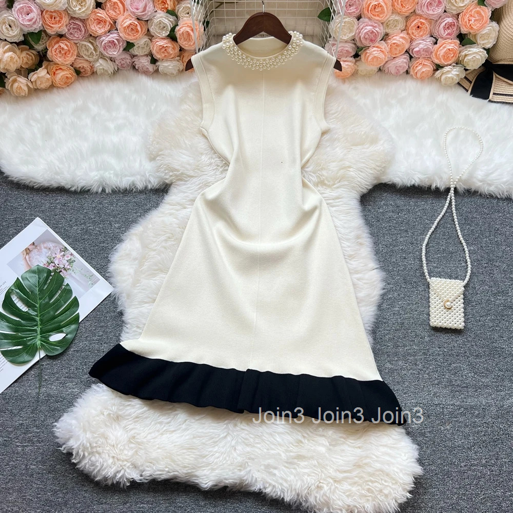 YuooMuoo Chic Fashion Elegant Patchwork Knitted Mermaid Dress Summer Women Pearls O-neck Wrap Hips Party Dress Vestidos