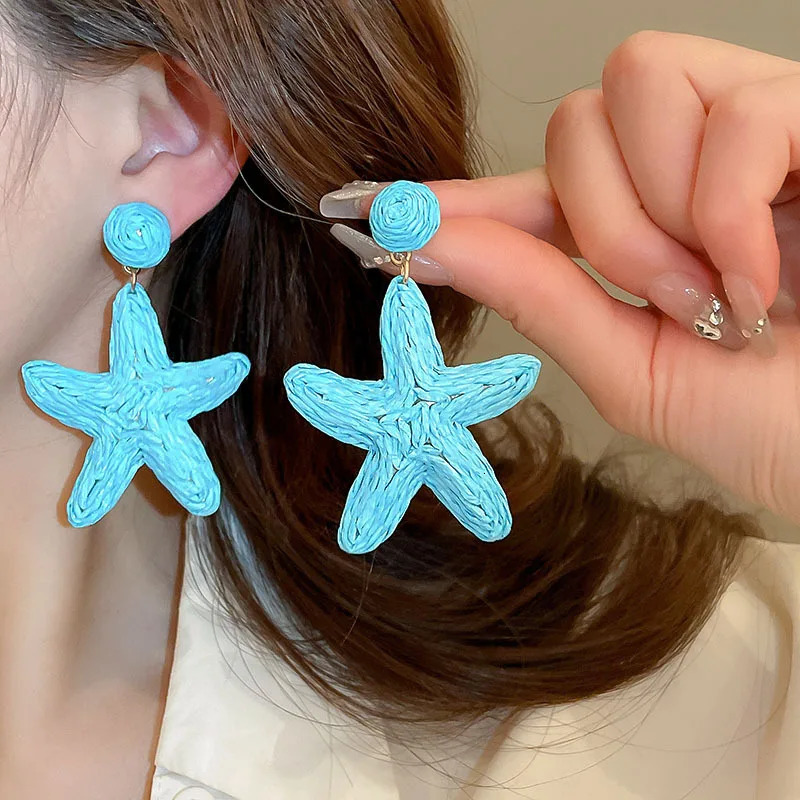 XIALUOKE Vintage Lafite Grass Weaving Colorful Sunflower Starfish Drop Earrings For Women Travel Party Summer Beach Jewelry 250730