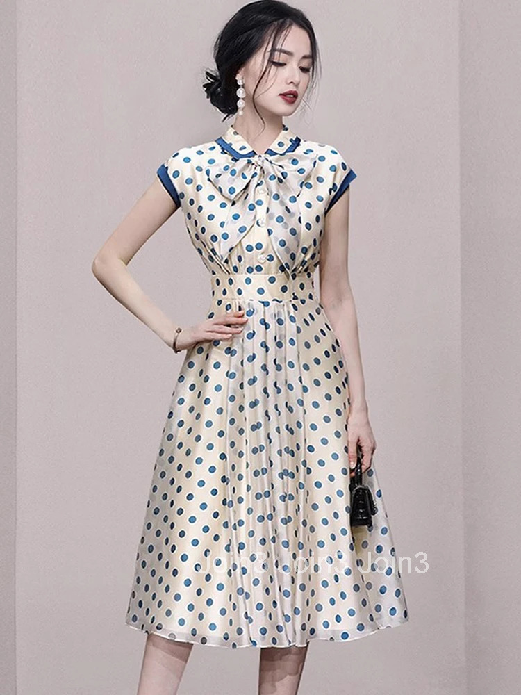 Fashion Temperament Dresses For Women Polka Dot Print Short Sleeve Summer Bowknot Slim A-Line Knee Length Party Dress Vestidos