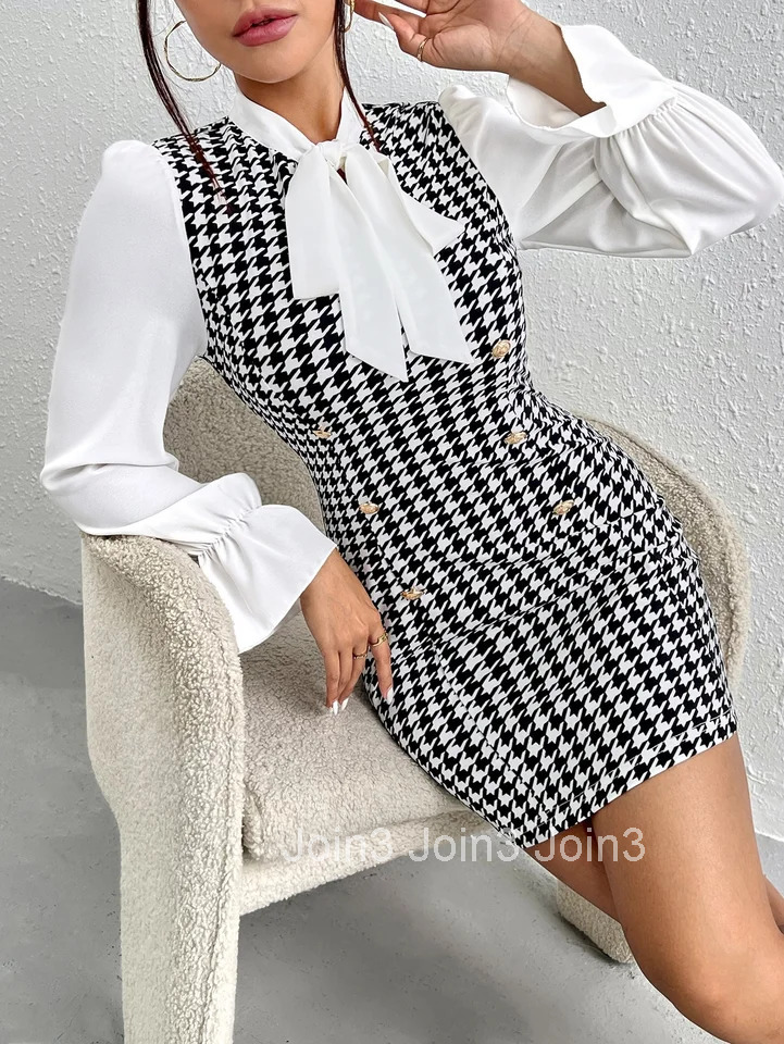 Sexy Temperament New Color Contrast Print Casual Summer Bow Tie Slim Long-sleeved Dress