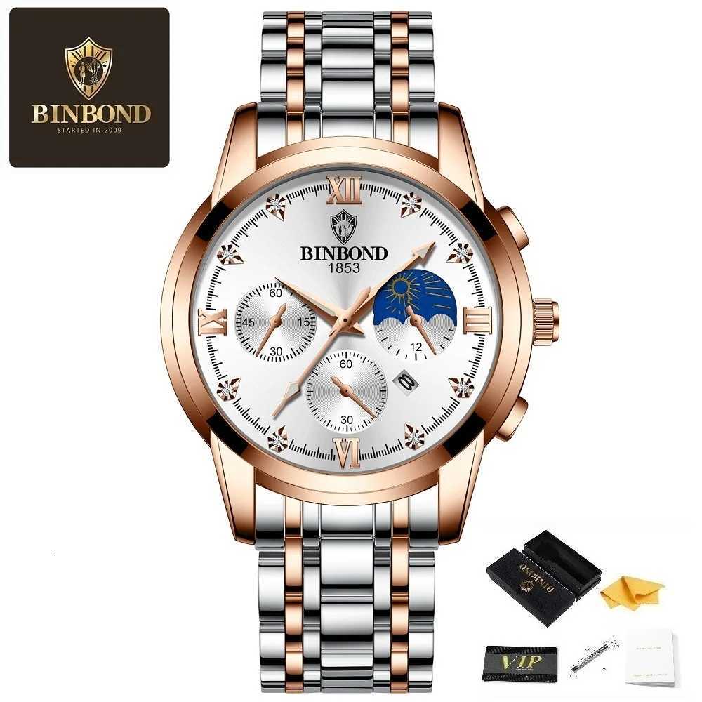 BINBOND New Mens Top Luxury Business Waterproof Luminous Hands Display Date Stainless Steel Strap Quartz W250806