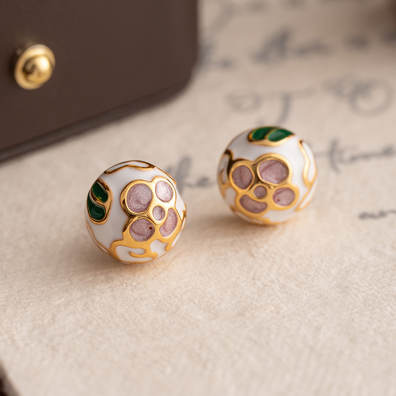 New Chinese National for Women Enamel Drop Glaze Flower Palace Style Stud Earrings Elegant Light High-end Feel