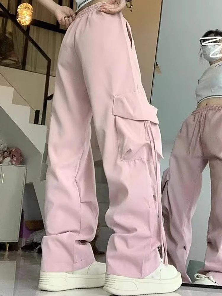 Women Korean High Waisted Slacks Lady Japanese 2000s Style Y2k Lace Up Cargo Trousers Female Yellow Pink Blue Black Joggers 250806