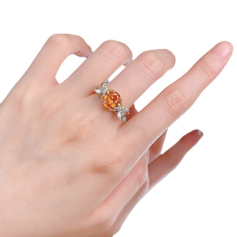 Hui Zhi Wing Jewelry Live Model S Silver Plated with Gold 7*9mm Oval Sunset Orange Ring Fashionable OL Style