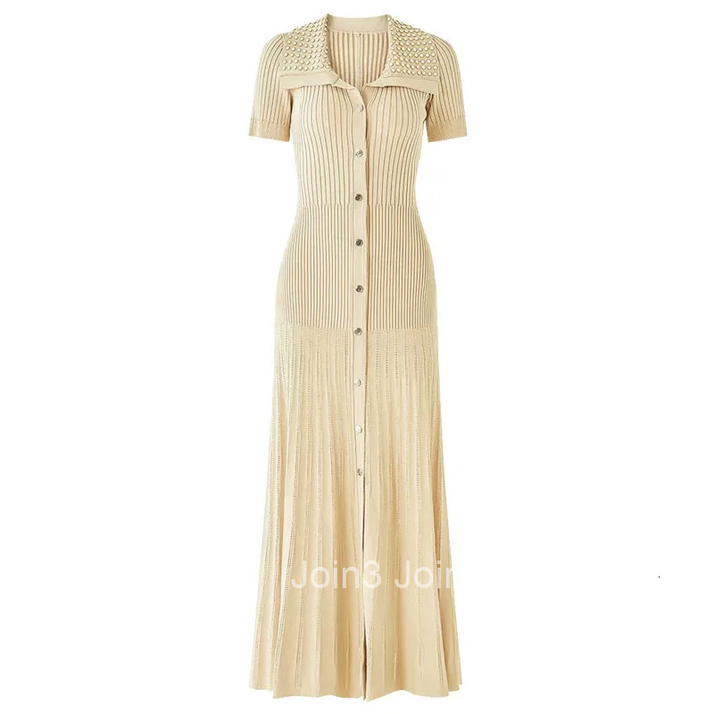 French Elegance Summer Womens Knit Dress | Notched Lapel Beaded Midi Dress | Slim Fit Short Sleeve Tunic