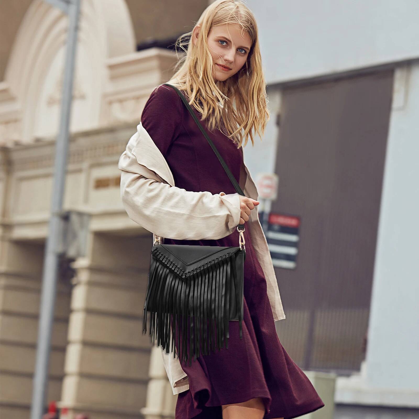 Tassel Crossbody Purse for Women PU Leather Western Hobo Fringe Handbag Shoulder Bag