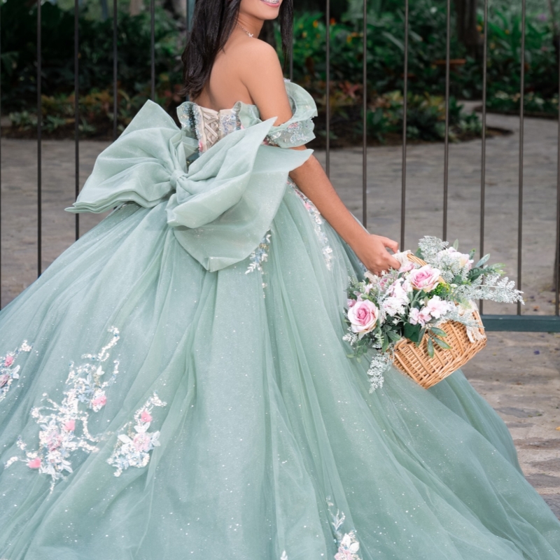 Light Green Quinceanera Dresses Off The Shoulder Applique Lace Beading Bow Tull Ball Gown Vestidos De 15 Anos Sweet 16 Dress