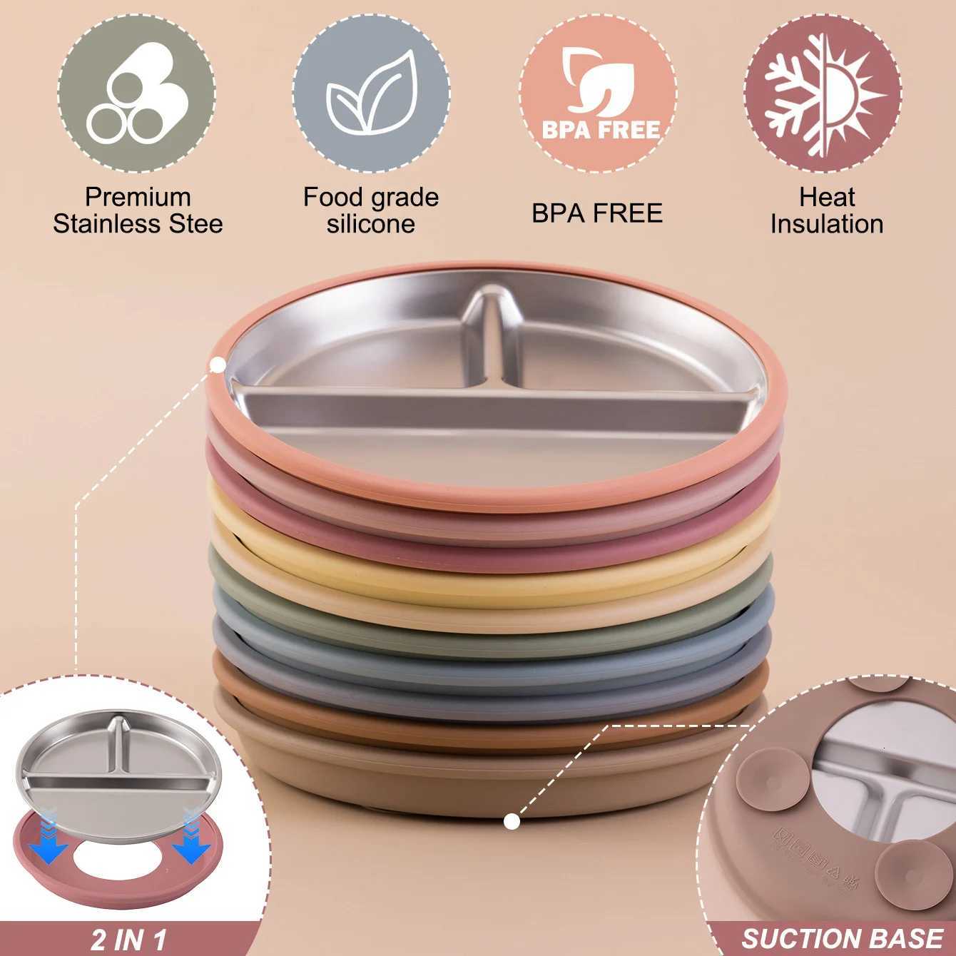 1PCS Color Kids Stainless Steel Plate Detachable Suction Dishes Baby Feeding Sucker Bowl Food Grade Silicone Food Tray Tableware X250806