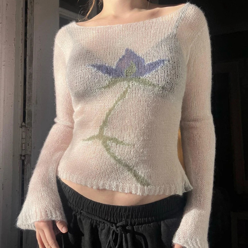 Flower Long Sleeve Knitted Crop Tops Aesthetic See Through Sweater Tees 90s Vintage Y2k Gyaru Crop Tops Jumpers Cottage Clothes 250806