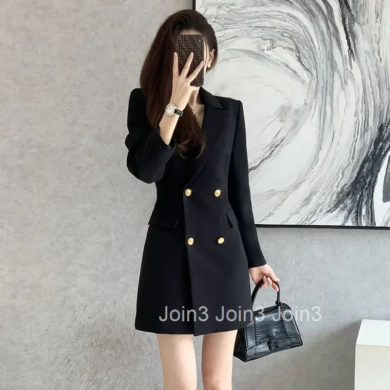 Black Formal Dress Women Spring Autumn New Elegant Slim-fit Double Breasted Long Sleeve Mini Suit Dresses