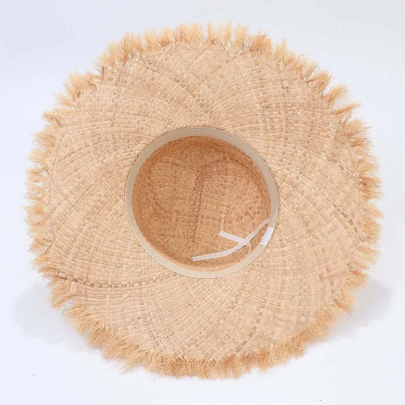 100% Handmade Natural Raffia Hats Women Flat Top Wide Brim Straw Hat Beach Hat Lady Holiday Panama Sun Protection Sun Hat 250805