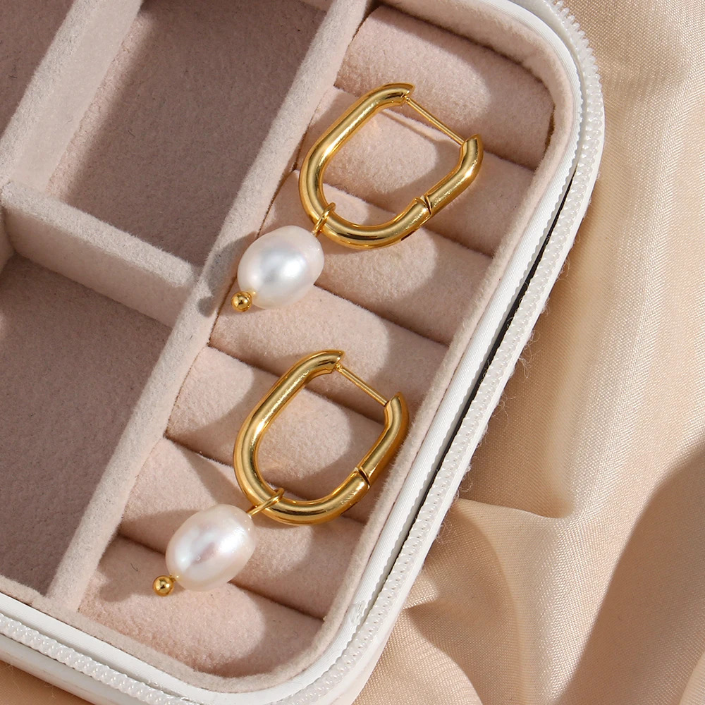 E.B.belle Waterproof Tarnish Free Jewelry Stainless Steel Gold Plated U Shape Freshwater Pearl Drop Hoop Ring Earrings For Woman 250805