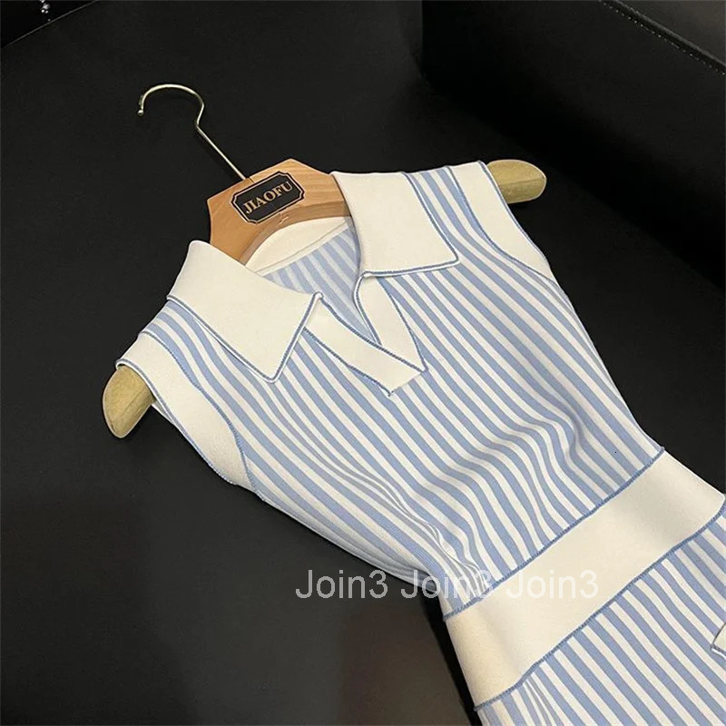 Summer Patchwork Tank Knit Dress Elegant Women Turn Down Collar Elatic Waist Bodycon Sundress Fashion Stripes Long Vestidos 038A