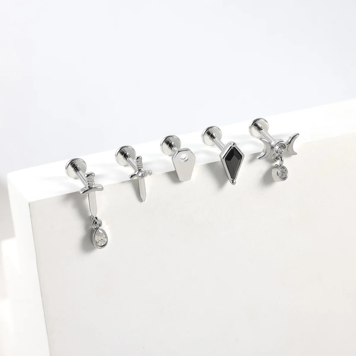1pc Stainless Steel Rhinestone Lip Stud Crescent Pendant Cross Spider Fan Cartilage flat back Ear Stud Tragus Piercing Earrings 250805