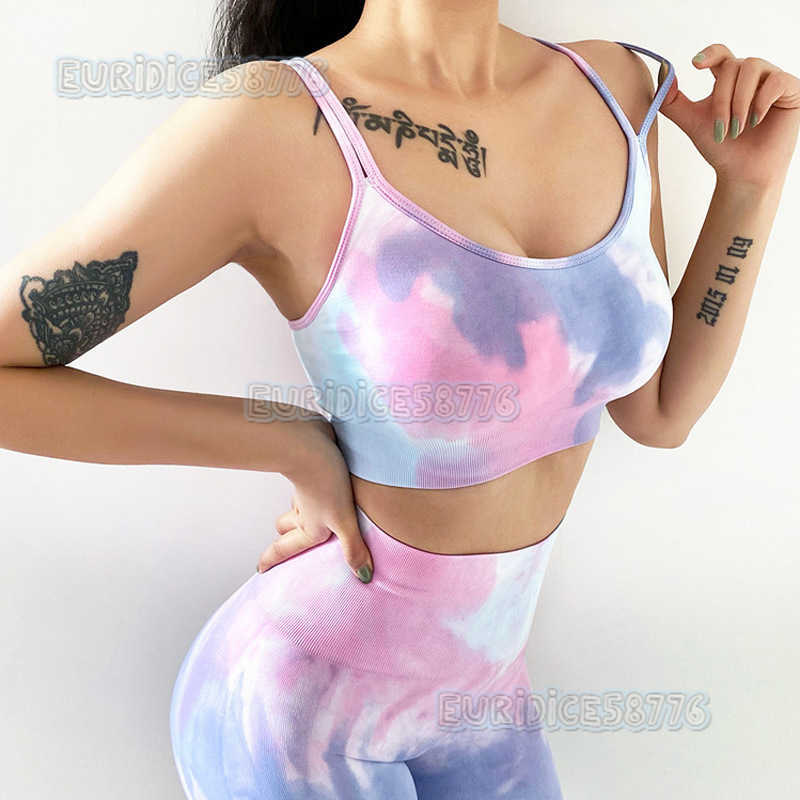 New Seamless Tie-dye Yoga Outfit Sports Set High Waist Hip-lifting Fitness Pants Double Strap Backless Bra Shorts H250806