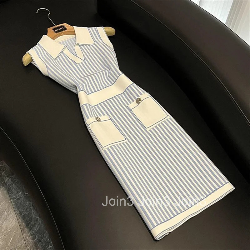 Summer Patchwork Tank Knit Dress Elegant Women Turn Down Collar Elatic Waist Bodycon Sundress Fashion Stripes Long Vestidos 038A