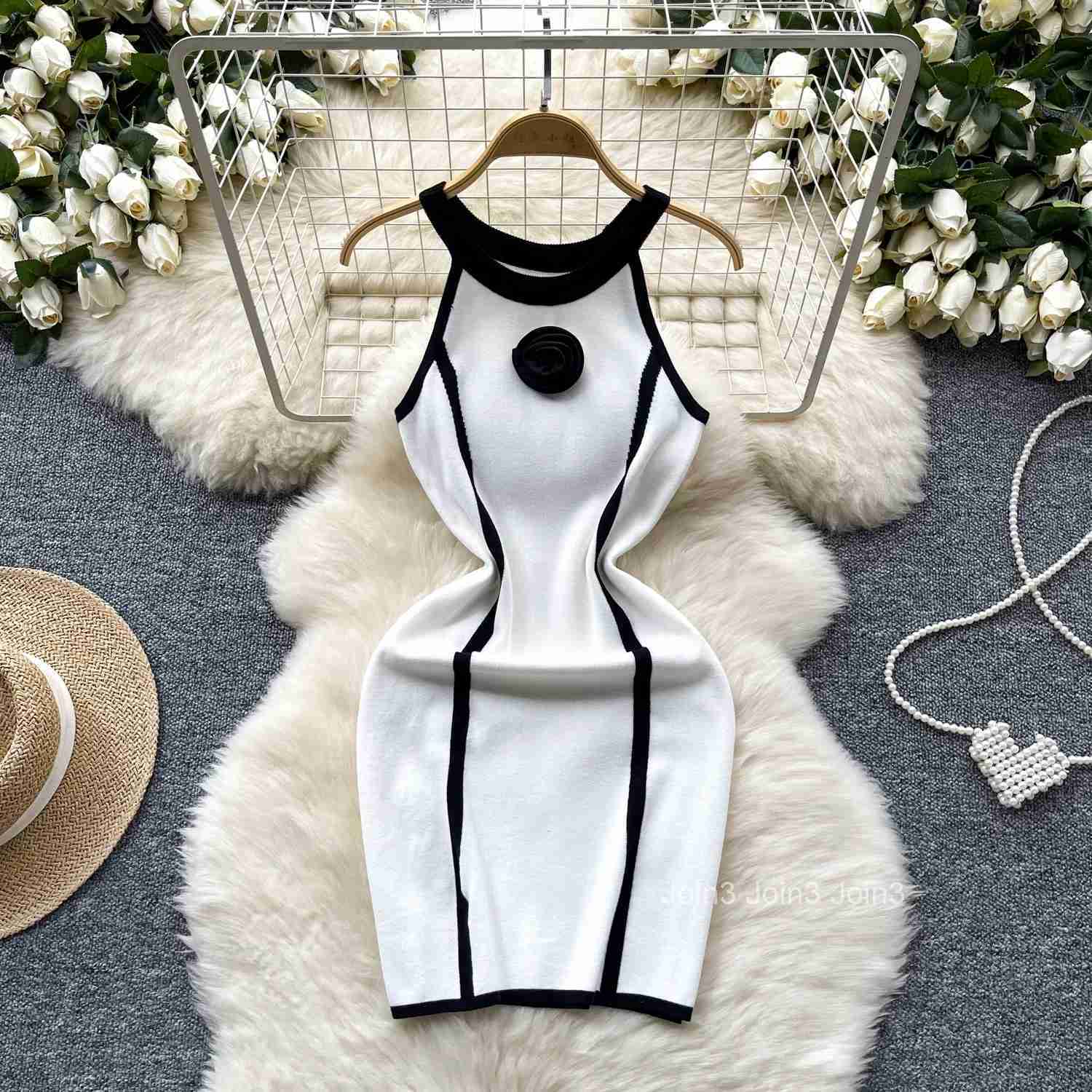 Summer New Elastic Knitted Design Roses Elegant Dress For Women Short Mini Slim Party Evening Vestidos Dress Clothing