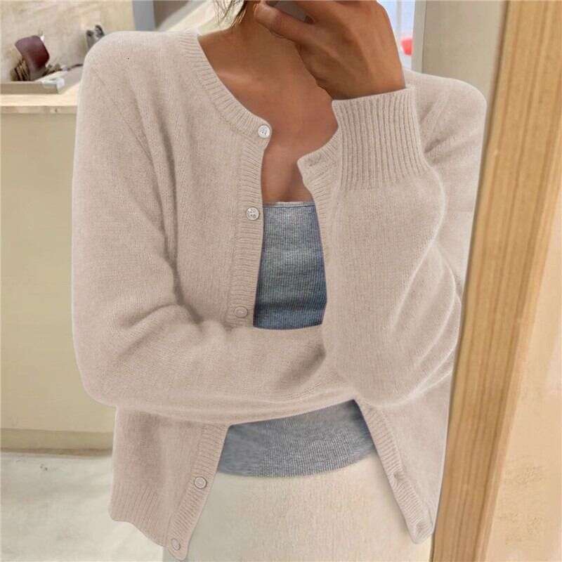 Solid Color Knitted Single Row Long Sleeved Pullover, Round Neck Cardigan, Outerwear, Sweater For Women