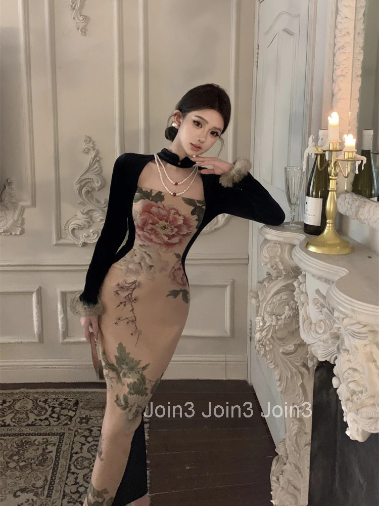 Vintage Dresses Women Floral Printed Stand Collar Long Sleeve Patchwork Slim Elegant Dress Ladies Temperament Chic