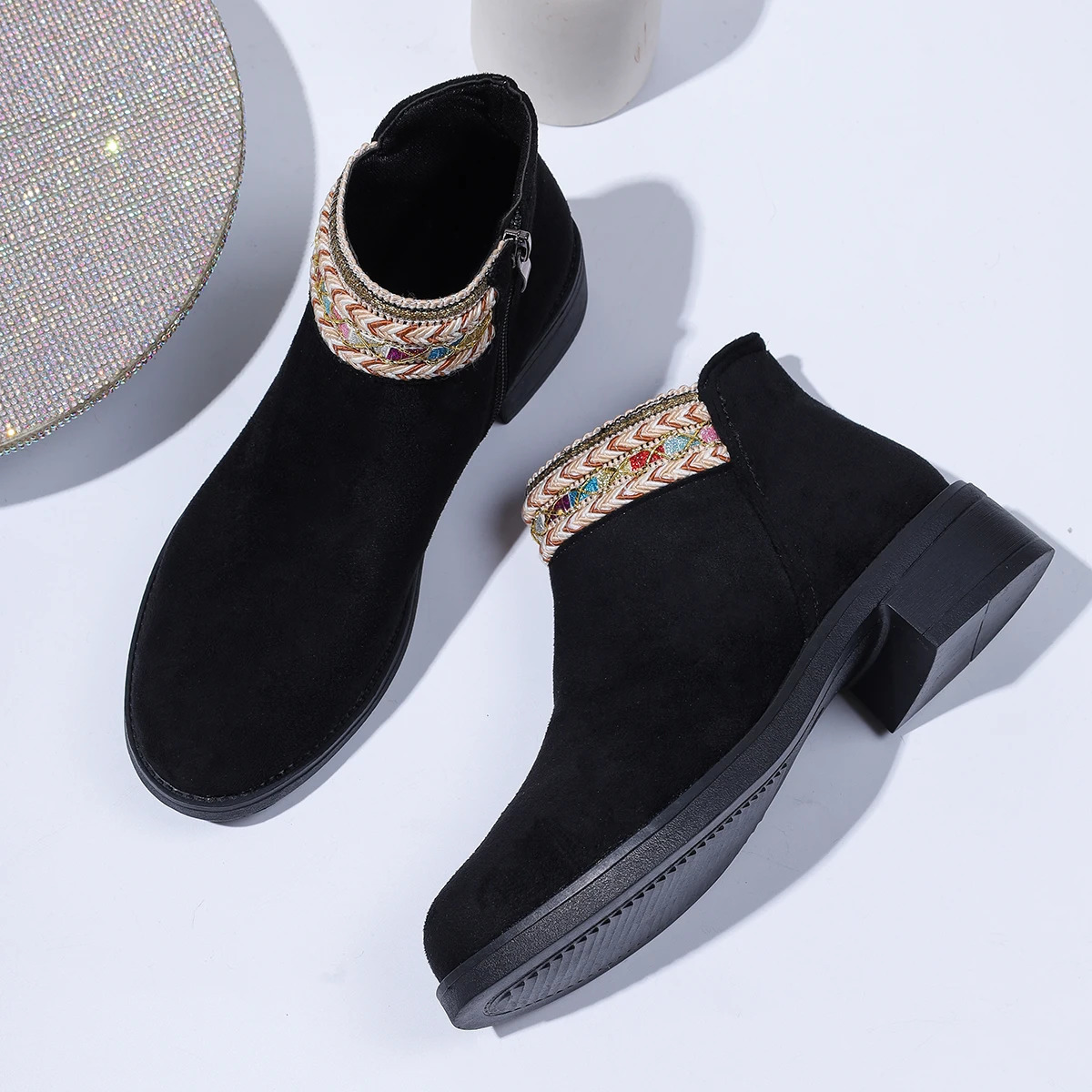 Womens Shoes Rhinestone Short Boots Round Head Chunky Heel Shoes Side Zip Tassel Pendant Comfortable Non-slip Party High Heels 250805