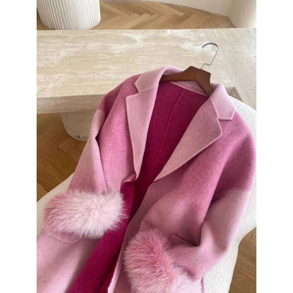 2025 Winter Jacket Women Real Natural Fox Fur Cuffs Wool Blends Gradient Color Thick Warm Fashion Outerwear Streetwear 250806