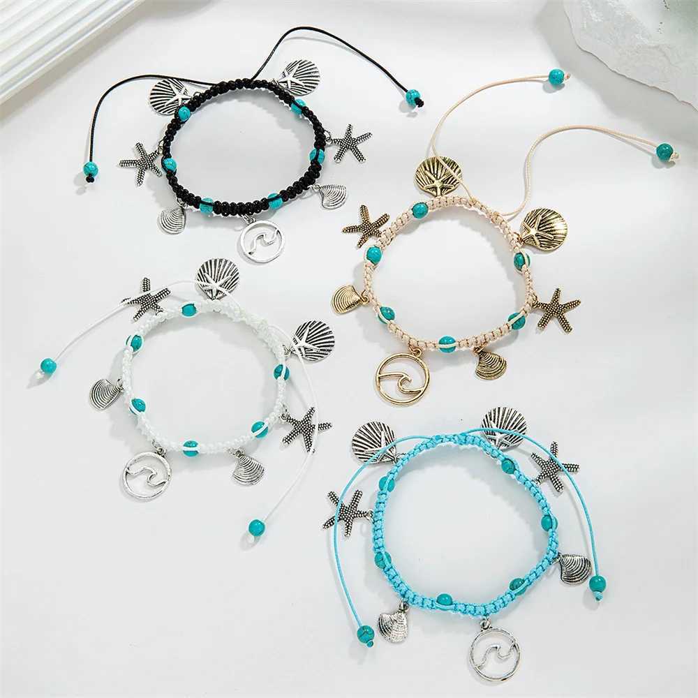 Trendy Starfish Seashell Anklet Set WomenS Beach Wave Adjustable Foot Chain Boho Braided Jewelry Vacation Summer Festival Gift Y250805