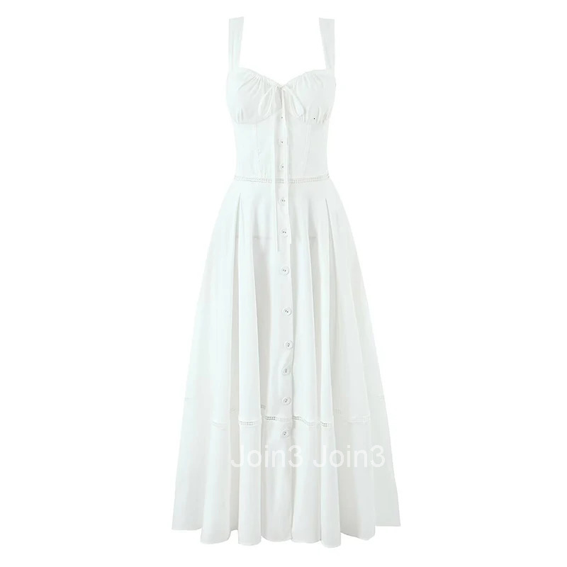 YENKYE Sexy Lace Up Bandage Back Elegant White Sling Dress Women Front Button A-line Cotton Corset Style Summer Dress Midi Robe