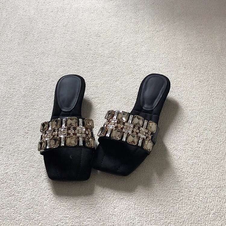 French Style Rhinestone New One-Strap Women's Fashion Outdoor Comfortable Low-Heel Elegant Sandals