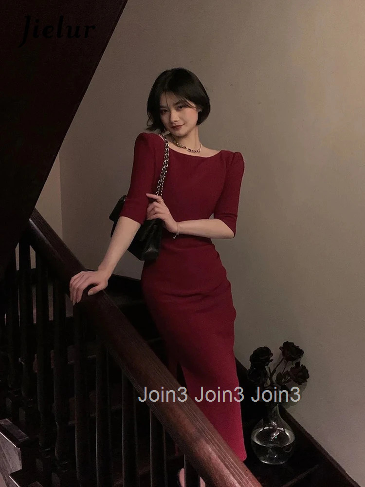 Jielur Korean Style Simple Dress for Women Elegant Midi Bodycon Dress Office Ladies Solid Clothing Femme Fashion Summer Vestidos