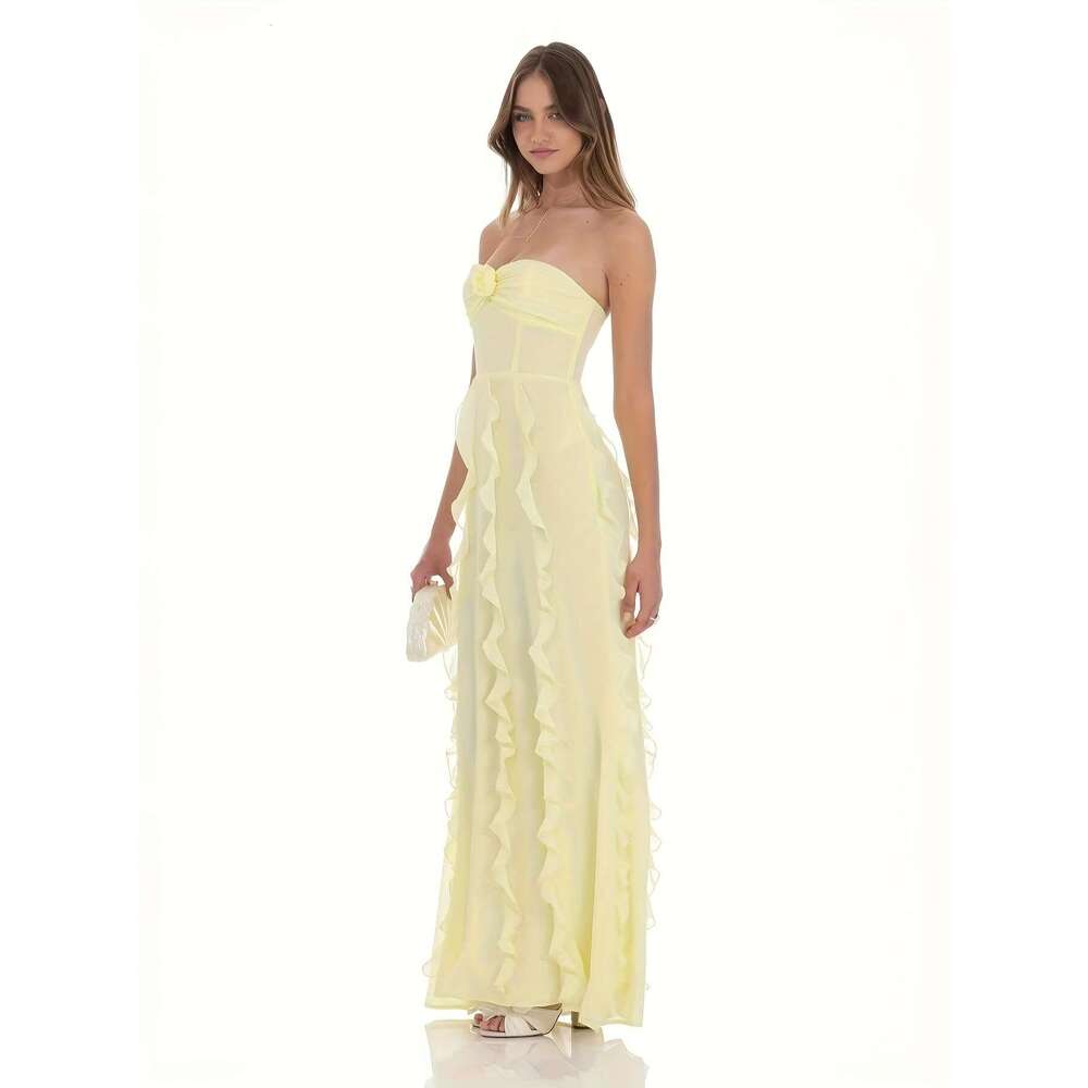 Elegant French-Inspired Yellow Ruffle with Floral Detail - Sleeveless, Strapless, Long Flowing Gown Women, Perfect for Party Weddings and Formal Event