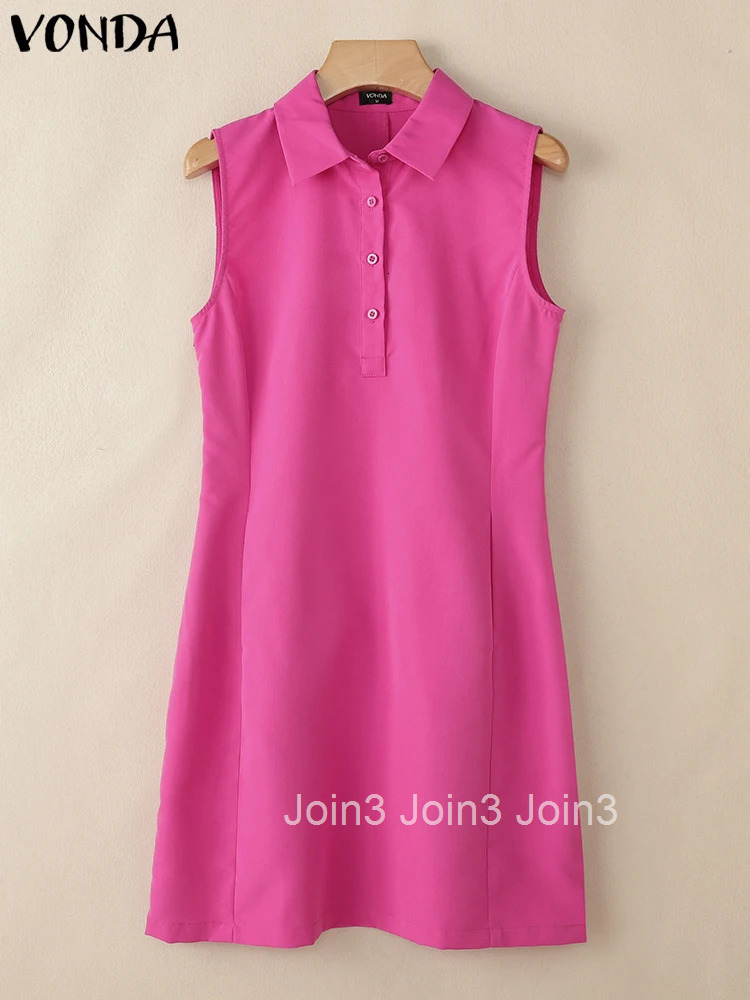 VONDA Sexy Sleeveless Mini Dress Women Summer Sundress Elegant Lady Tank Vestidos Turn-down Collar Casual Solid Color Robe