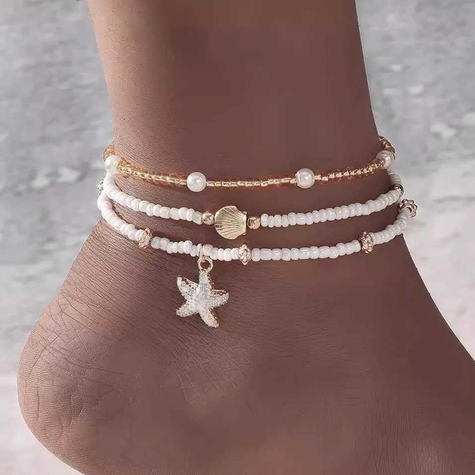 3pcs Bohemian Multilayer Ocean Style Starfish Shell Beads Anklet Summer s for Women Jewelry for Beach Vacation Festival Y250805