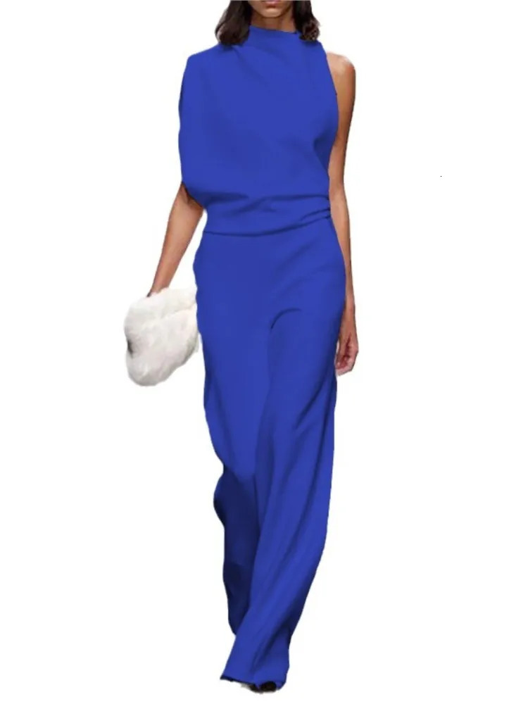 Solid Color Irregular Sleeveless Jumpsuits Women Fashion Temperament Sexy Backless Folds Slightly Flared Jumpsuit Female 2025 250804