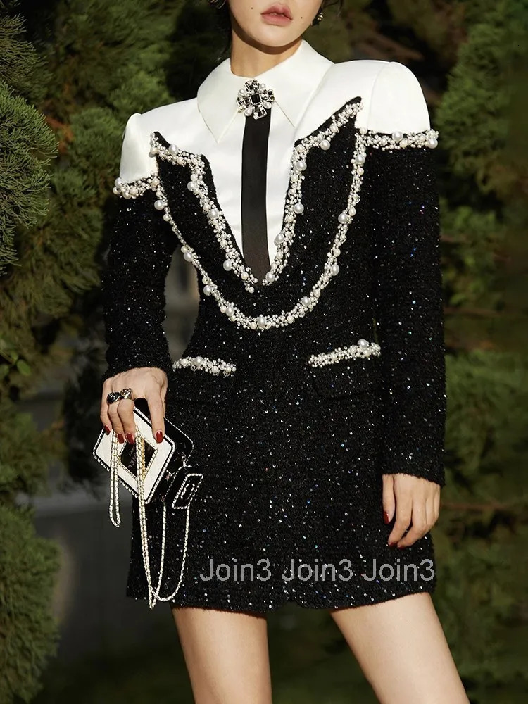 Elegant Hit Color Dresses For Women Lapel Long Sleeve High Waist Patchwork Sequins Mini Dress Female Fashion