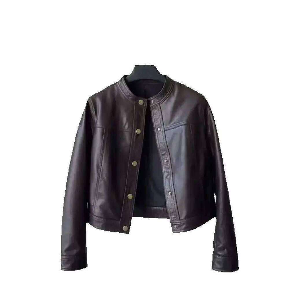 Retro Motorcycle For Women, 2025 Spring And Autumn Design, Round Neck Fashionable Short Leather Jacket 250806