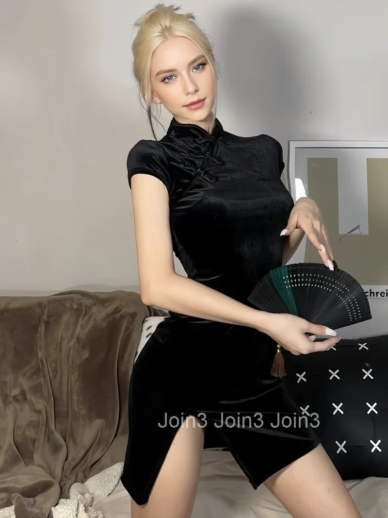 Women Dress Y2K Cheongsam Velvet Elegant Black Sexy Short Sleeve Button Casual Shopping Photo Chinese Dress Tight Fashion Summer