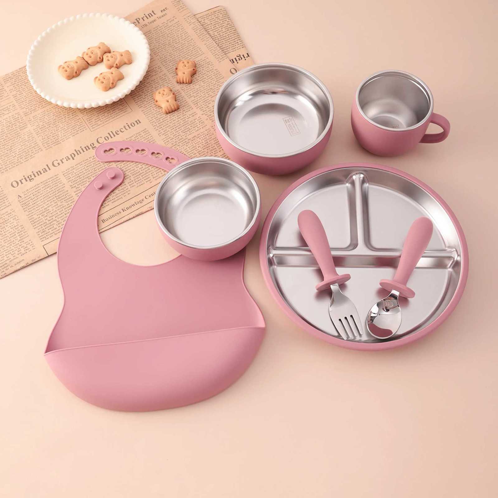 7PCS Food Grade Silicone Feeding Set Sucker Dishes Bowl Leakproof Bib Stainless Steel Utensils Toddler Cup Baby Newborn Items X250806