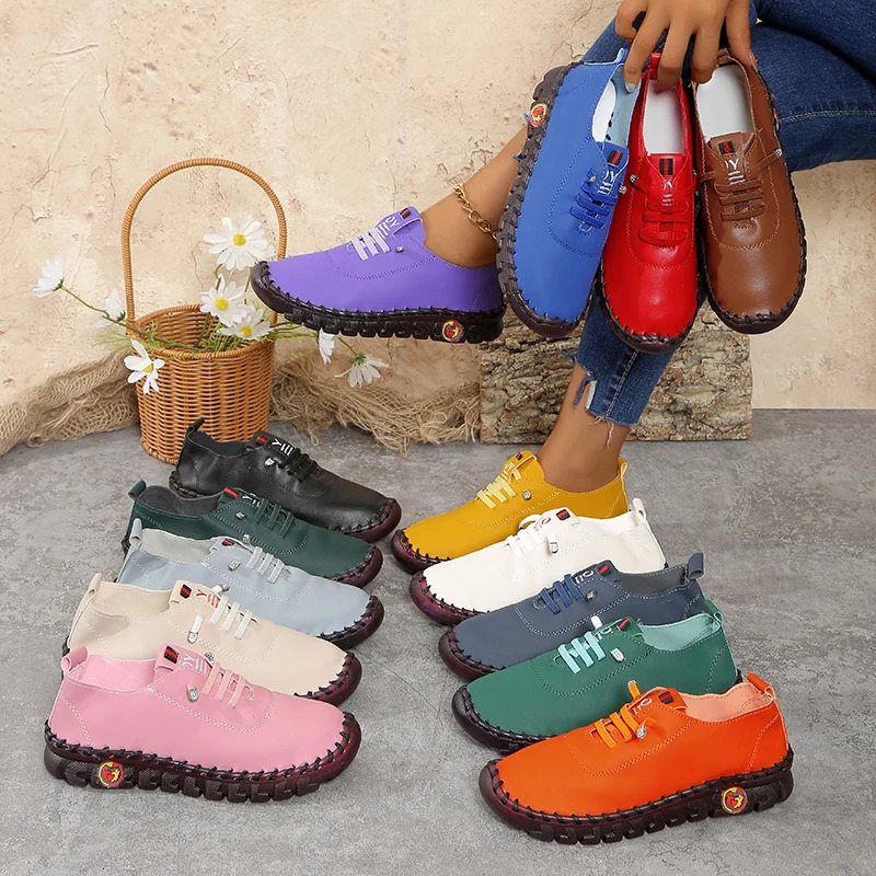 Womens Wide Fit Sizes 35-45 Leather Sneakers Flat Elastic Slip-On Loafers Comfortable Casual Shoes for Moms Womens Shoes 250731