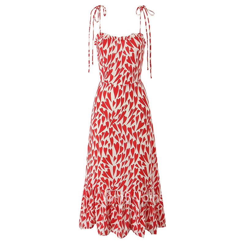YENKYE French Style Cute Print Sexy Spaghetti Straps Dress Women Elegant A-line Midi Holiday Summer Dresses Robe