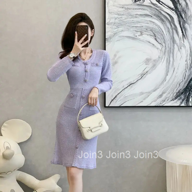 French Small Fragrant Knit Dress Women Autumn Winter New Temperament Elegant Vestidos Slim Fit Sweater Bodycon Skirt