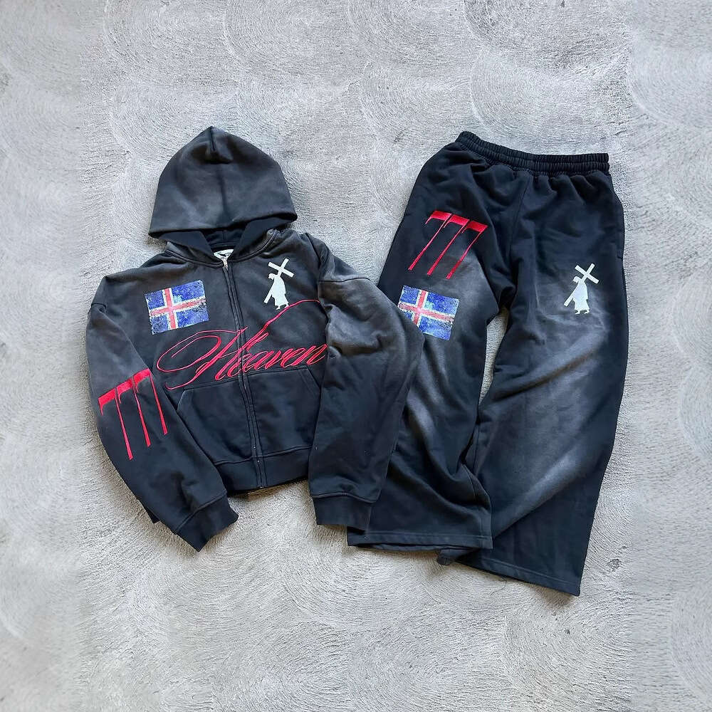 Printed Zipper Hoodie Sweatshirt Street Loose Versatile Sweatpants Casual Fashionable Sports Set