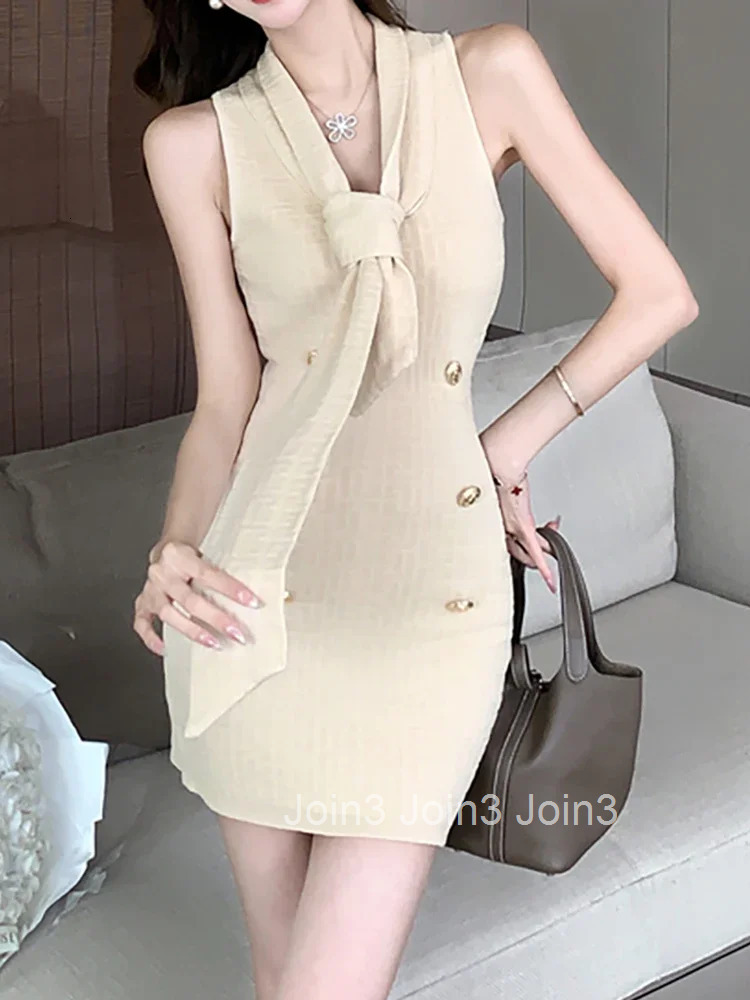 Womens Elegant Knitted Dress with Chest Lace-up Design Female Temperament V-Neck Button-Front Fitted Sleeveless Bodycon Dress