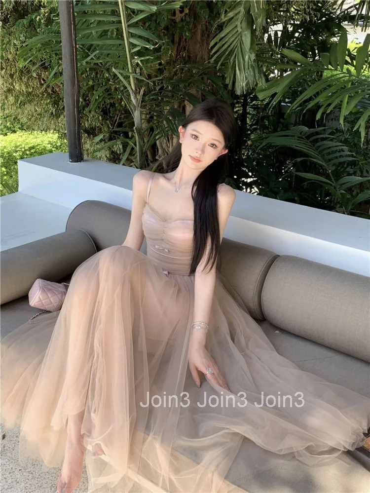 Woman Dress Bow Sleeveless Slash Neck Mesh Patchwork Princess Sweet Elegant Summer Fashion Party Dresses Female