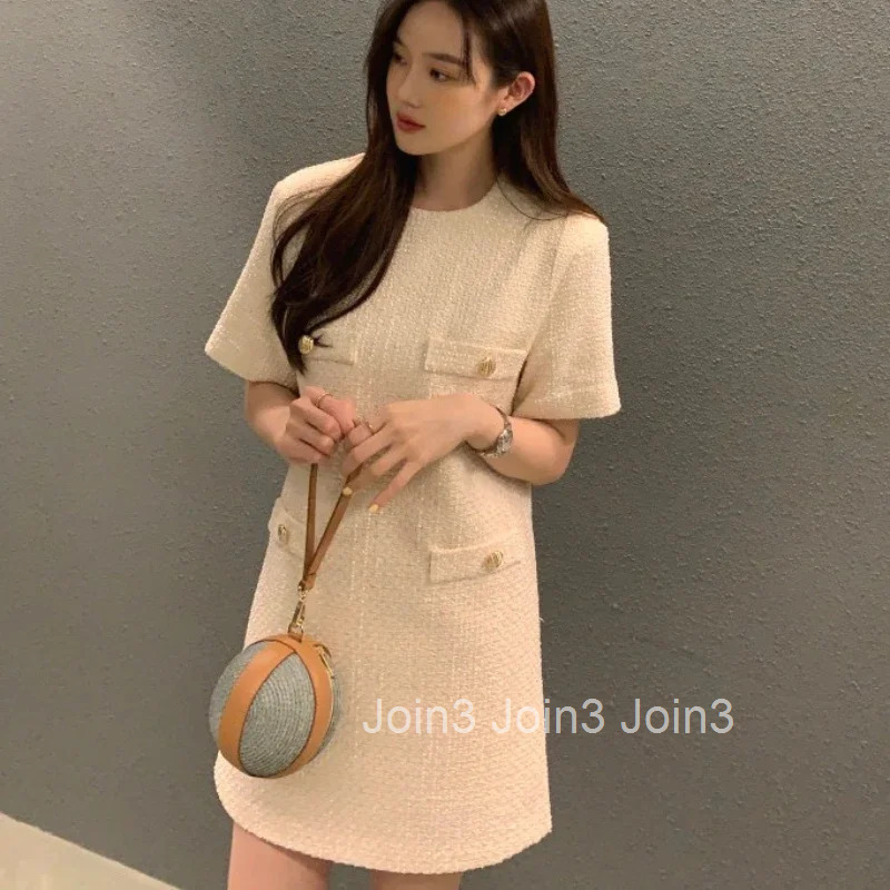 Simple O Neck Short Sleeve Elegant Tweed Dress Women Summer Vintage All Match Loose Robe Femme Korean Style Chic Vestidos